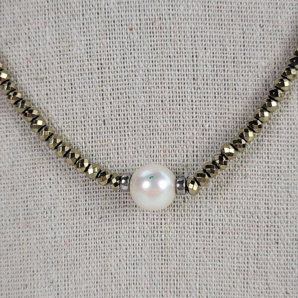 Lucas Lameth Sterling Silver Cream Pearl Charm Gold Tone Nugget Beaded Necklace - Picture 2 of 9